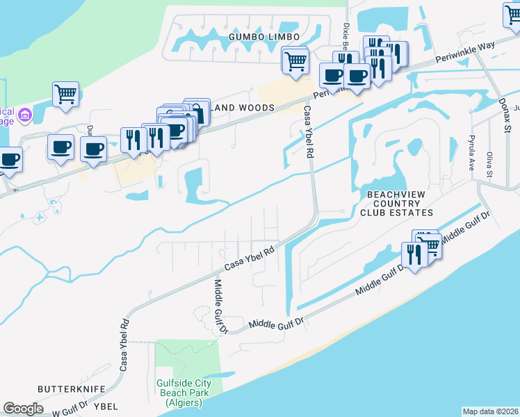 map of restaurants, bars, coffee shops, grocery stores, and more near 595 Leather Fern Place in Sanibel