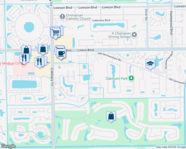 map of restaurants, bars, coffee shops, grocery stores, and more near 3426 Old Germantown Road in Delray Beach