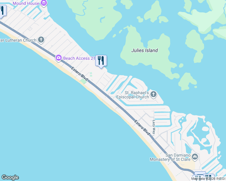 map of restaurants, bars, coffee shops, grocery stores, and more near 21690 Madera Road in Fort Myers Beach