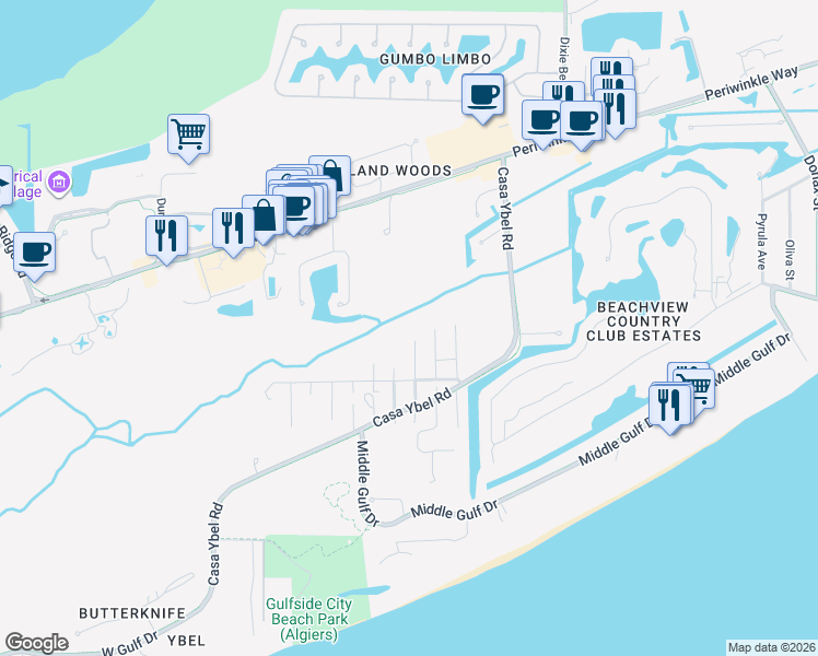 map of restaurants, bars, coffee shops, grocery stores, and more near 595 Leather Fern Place in Sanibel