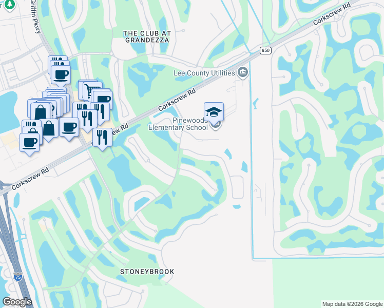 map of restaurants, bars, coffee shops, grocery stores, and more near 21112 Braxfield Loop in Estero
