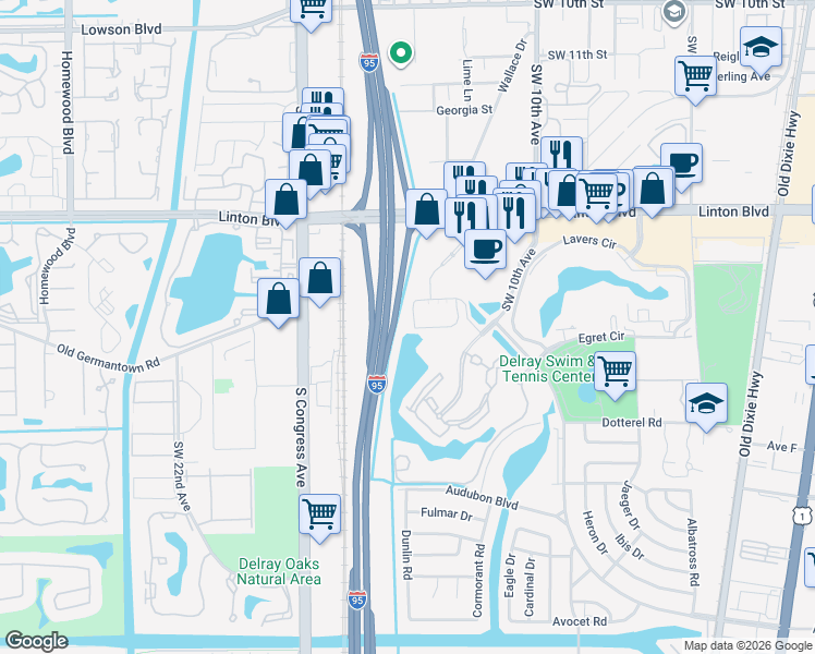 map of restaurants, bars, coffee shops, grocery stores, and more near 2010 Alta Meadows Lane in Delray Beach