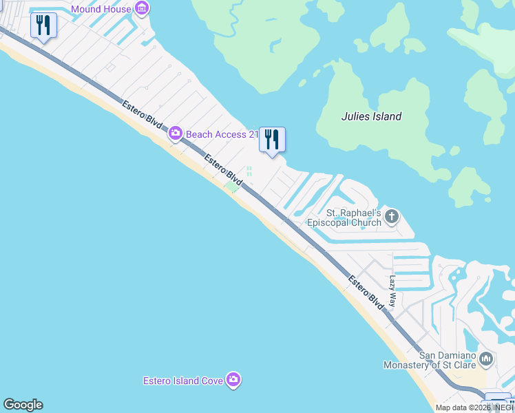 map of restaurants, bars, coffee shops, grocery stores, and more near 4770 Estero Boulevard in Fort Myers Beach