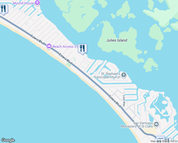 map of restaurants, bars, coffee shops, grocery stores, and more near 21690 Madera Road in Fort Myers Beach