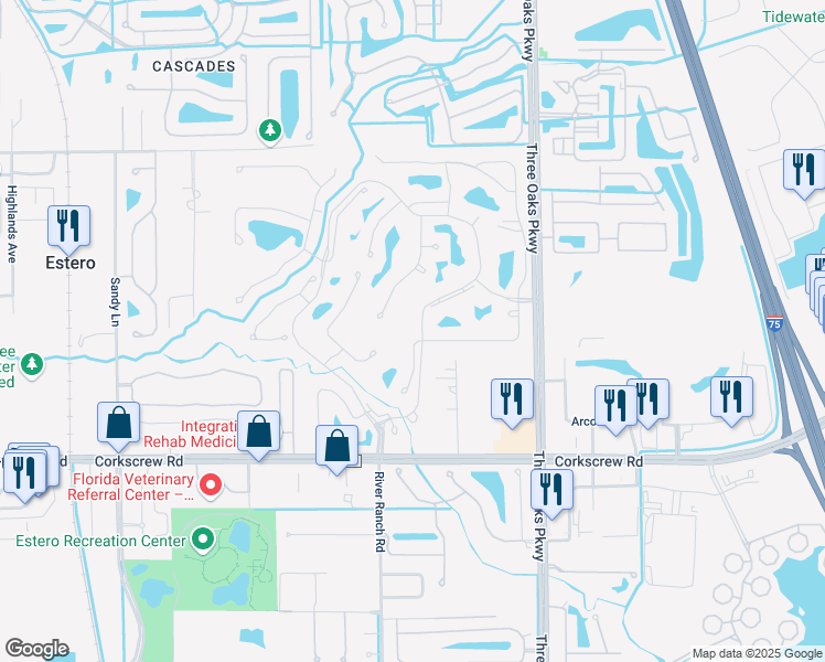 map of restaurants, bars, coffee shops, grocery stores, and more near 20900 Country Creek Drive in Estero