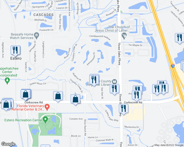 map of restaurants, bars, coffee shops, grocery stores, and more near 20842 Country Creek Drive in Estero