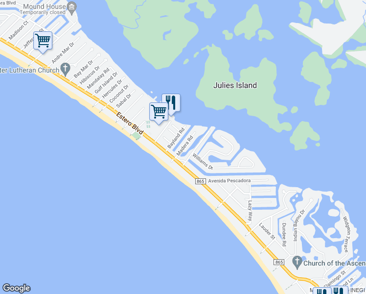 map of restaurants, bars, coffee shops, grocery stores, and more near 21690 Madera Road in Fort Myers Beach