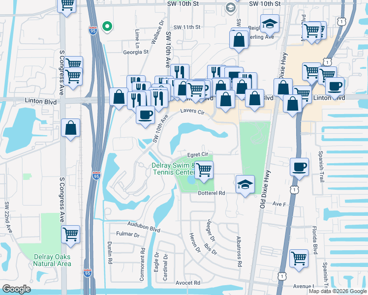 map of restaurants, bars, coffee shops, grocery stores, and more near 651 Egret Circle in Delray Beach