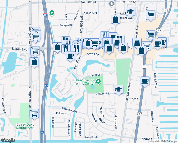 map of restaurants, bars, coffee shops, grocery stores, and more near 651 Egret Circle in Delray Beach