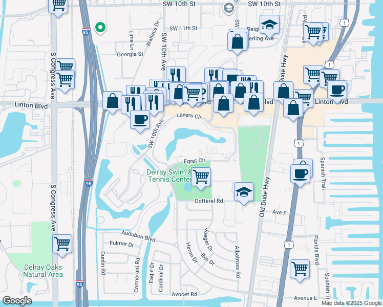 map of restaurants, bars, coffee shops, grocery stores, and more near 825 Egret Circle in Delray Beach