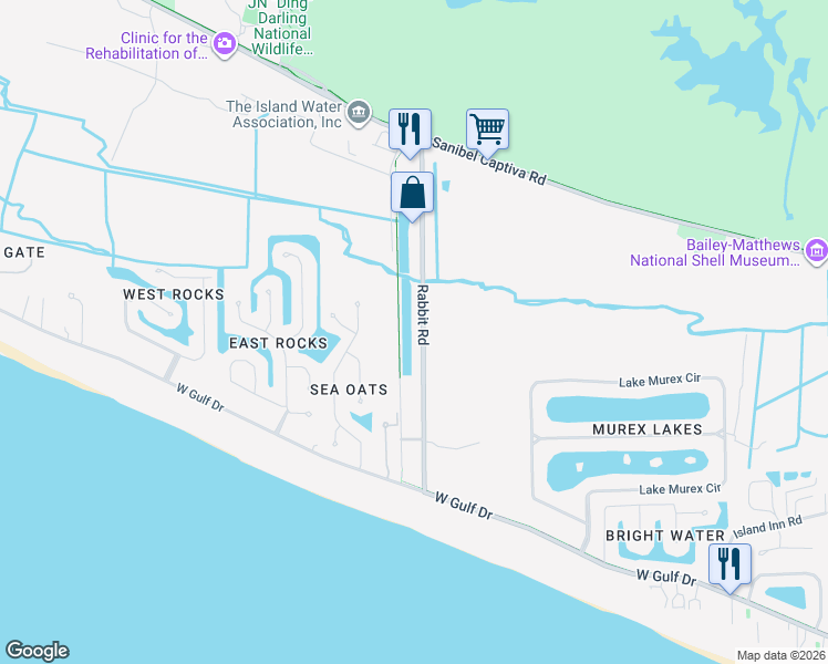 map of restaurants, bars, coffee shops, grocery stores, and more near 657 Rabbit Road in Sanibel