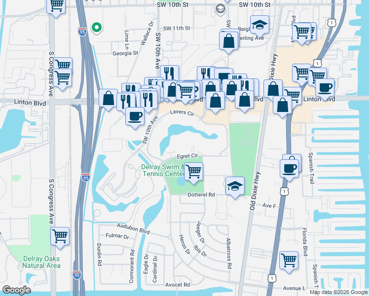 map of restaurants, bars, coffee shops, grocery stores, and more near 825 Egret Circle in Delray Beach
