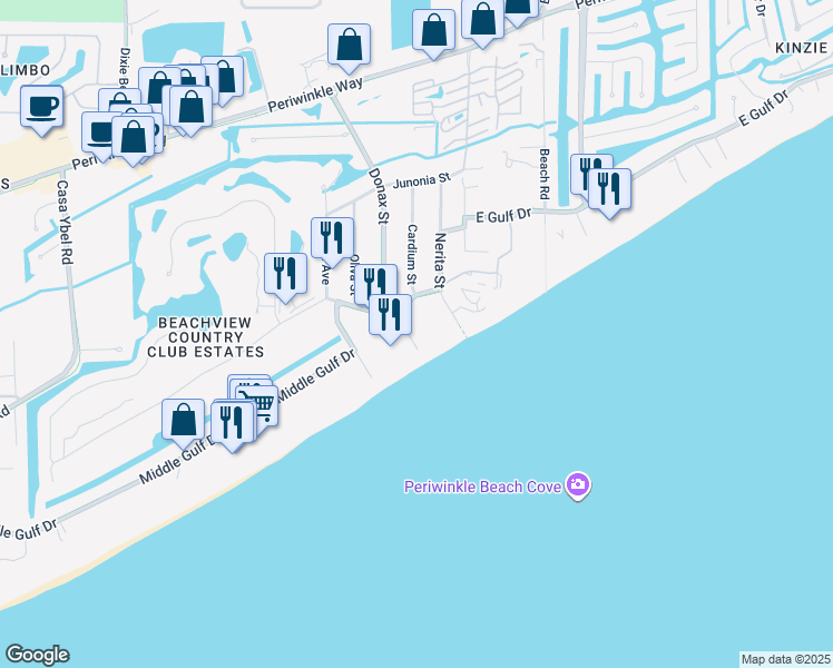 map of restaurants, bars, coffee shops, grocery stores, and more near 610 Donax Street in Sanibel