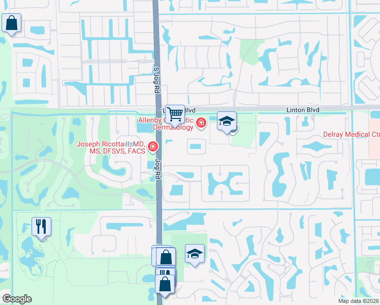 map of restaurants, bars, coffee shops, grocery stores, and more near 16122 Poppy Seed Circle in Delray Beach