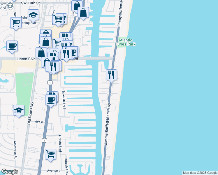 map of restaurants, bars, coffee shops, grocery stores, and more near 2001 South Ocean Boulevard in Delray Beach
