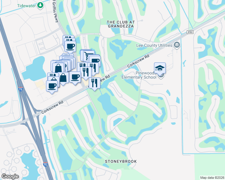 map of restaurants, bars, coffee shops, grocery stores, and more near 21310 Lancaster Run in Estero