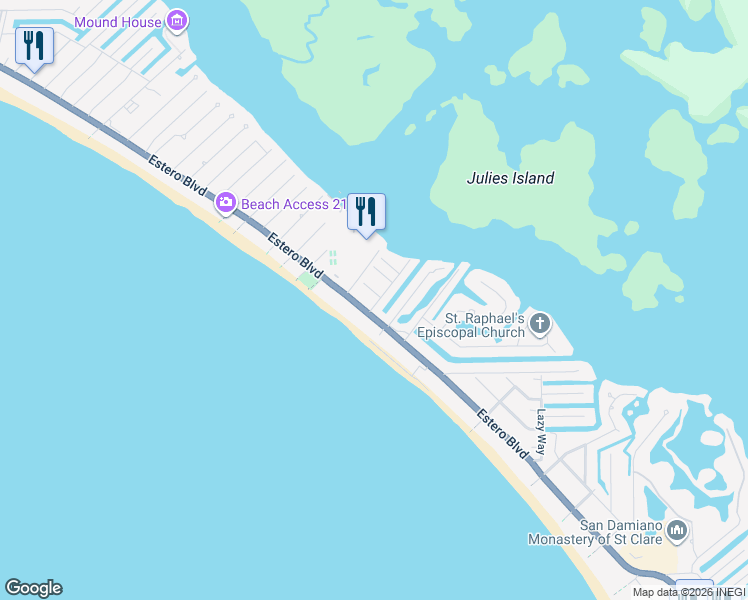 map of restaurants, bars, coffee shops, grocery stores, and more near in Fort Myers Beach