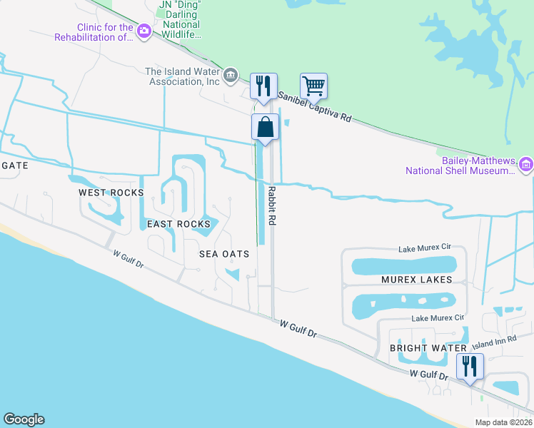 map of restaurants, bars, coffee shops, grocery stores, and more near 657 Rabbit Road in Sanibel