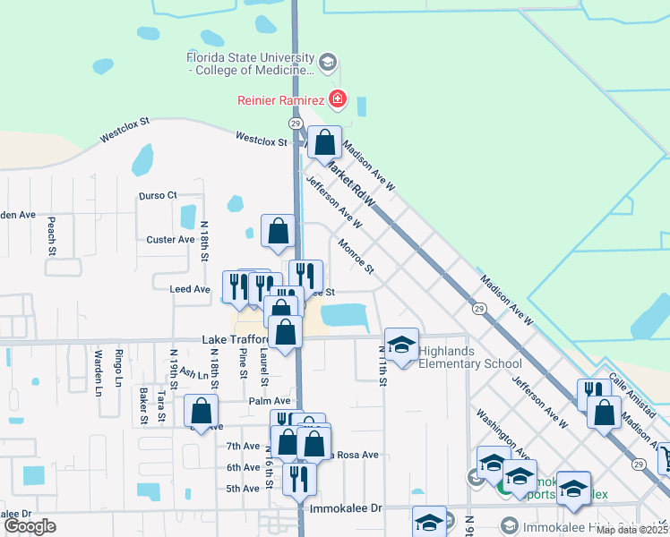 map of restaurants, bars, coffee shops, grocery stores, and more near 608 Nassau Street in Immokalee