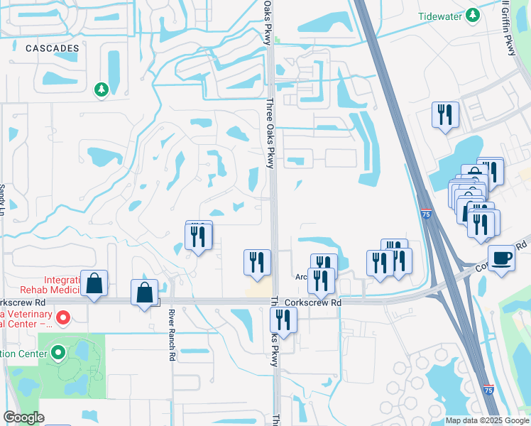 map of restaurants, bars, coffee shops, grocery stores, and more near 20811 Country Barn Drive in Estero
