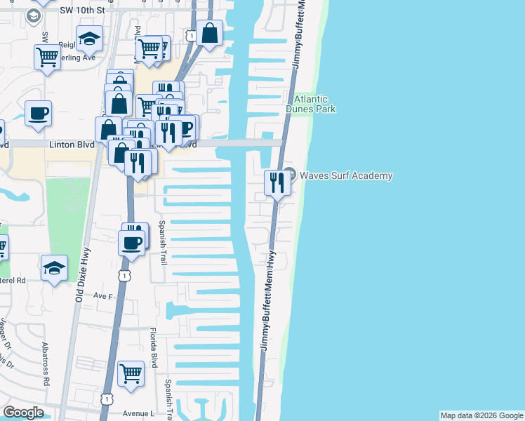 map of restaurants, bars, coffee shops, grocery stores, and more near 2000 South Ocean Boulevard in Delray Beach