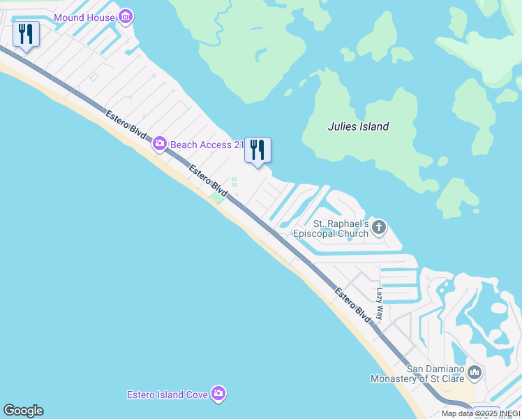 map of restaurants, bars, coffee shops, grocery stores, and more near 4870 Coral Road in Fort Myers Beach