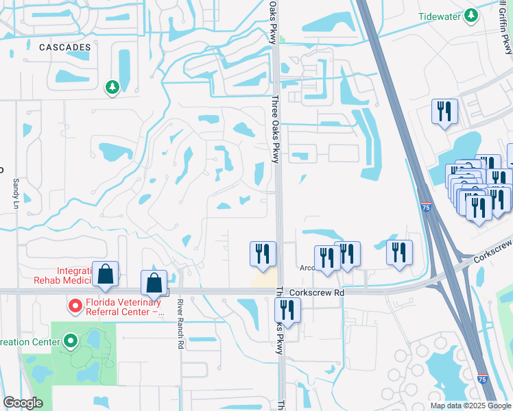 map of restaurants, bars, coffee shops, grocery stores, and more near 20906 Country Barn Drive in Estero
