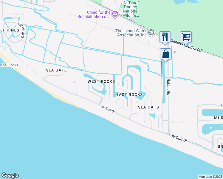 map of restaurants, bars, coffee shops, grocery stores, and more near 3825 Coquina Drive in Sanibel