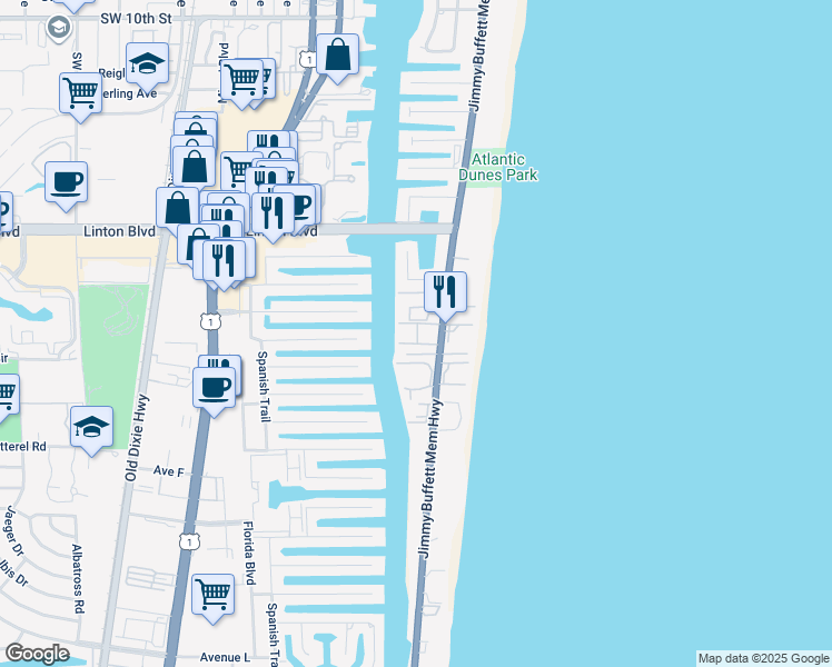 map of restaurants, bars, coffee shops, grocery stores, and more near 2000 South Ocean Boulevard in Delray Beach