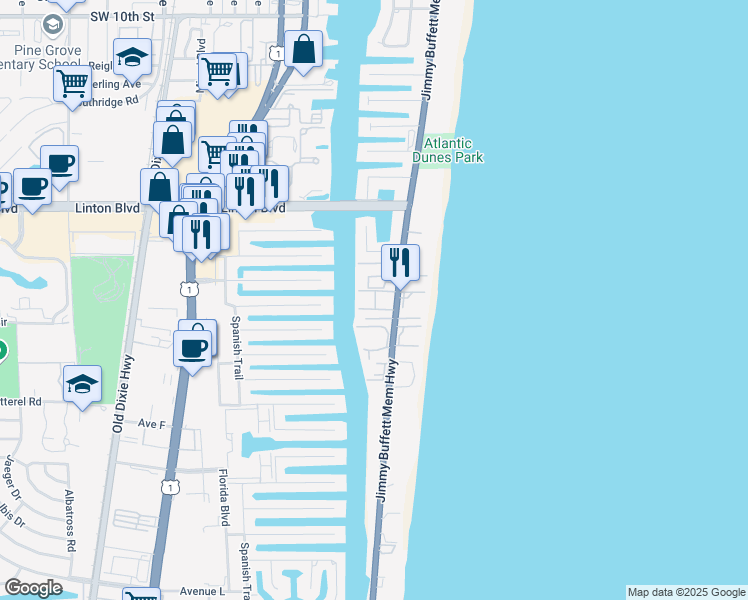 map of restaurants, bars, coffee shops, grocery stores, and more near 2000 South Ocean Boulevard in Delray Beach