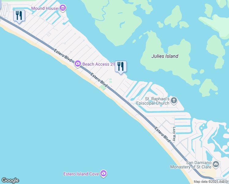 map of restaurants, bars, coffee shops, grocery stores, and more near Estero Boulevard in Fort Myers Beach