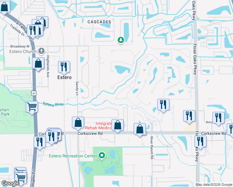 map of restaurants, bars, coffee shops, grocery stores, and more near 20894 Blacksmith Forge in Estero