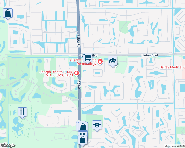 map of restaurants, bars, coffee shops, grocery stores, and more near 16150 Jog Road in Delray Beach