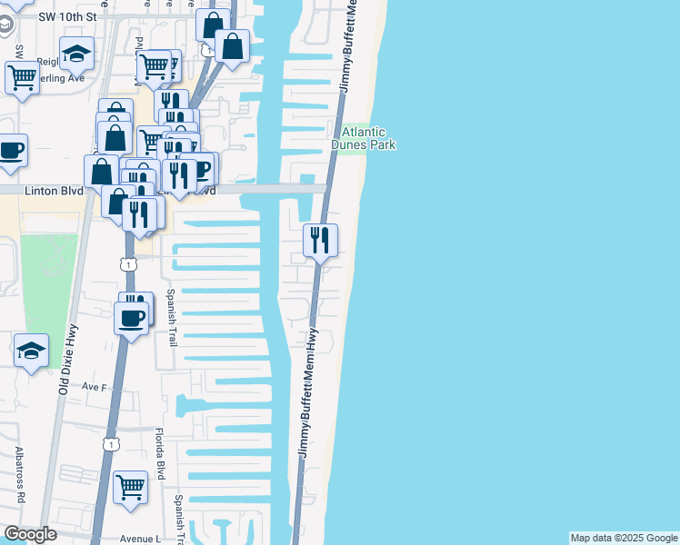 map of restaurants, bars, coffee shops, grocery stores, and more near 2001 South Ocean Boulevard in Delray Beach