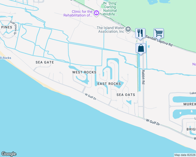 map of restaurants, bars, coffee shops, grocery stores, and more near 3825 Coquina Drive in Sanibel