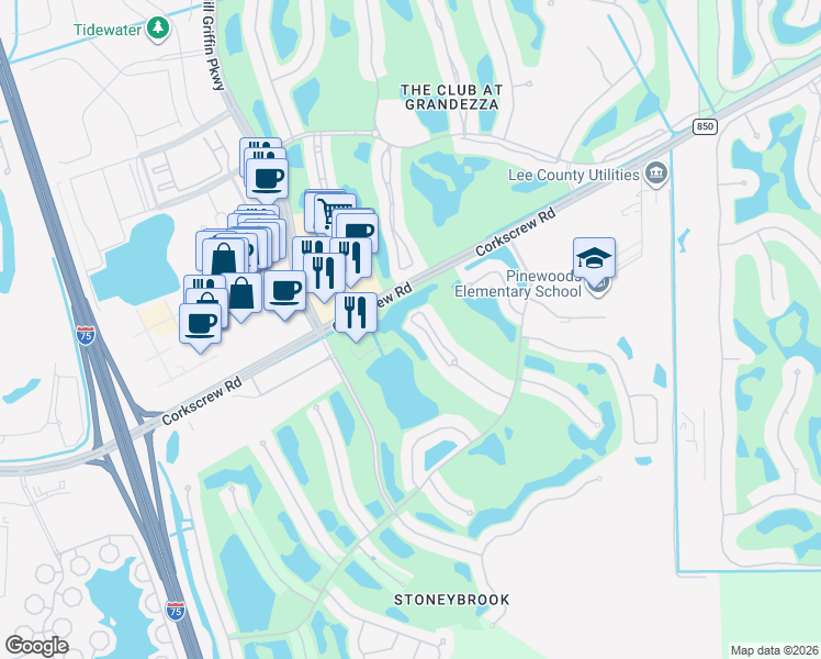map of restaurants, bars, coffee shops, grocery stores, and more near 21310 Lancaster Run in Estero