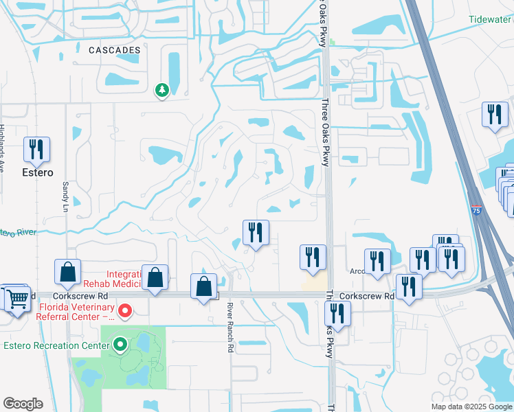 map of restaurants, bars, coffee shops, grocery stores, and more near 20899 Country Creek Drive in Estero