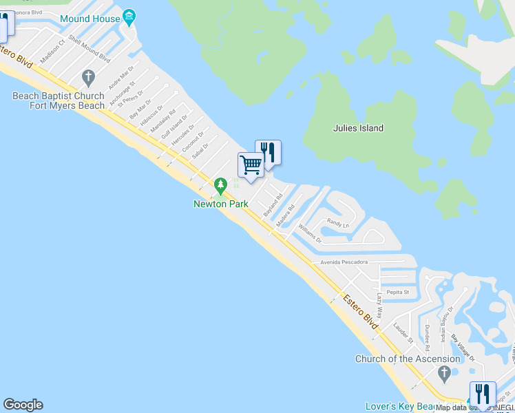 map of restaurants, bars, coffee shops, grocery stores, and more near 4830 Coral Road in Fort Myers Beach