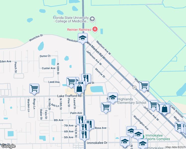 map of restaurants, bars, coffee shops, grocery stores, and more near 608 Nassau Street in Immokalee