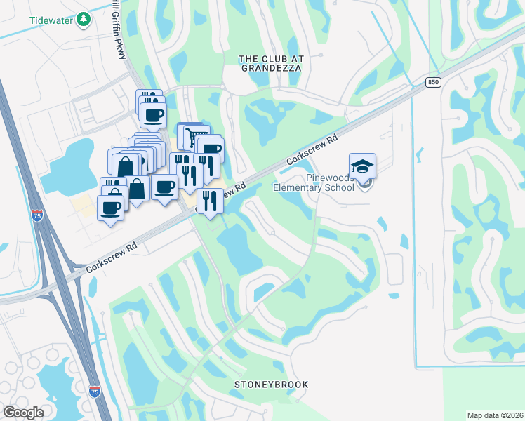 map of restaurants, bars, coffee shops, grocery stores, and more near 21330 Lancaster Run in Estero