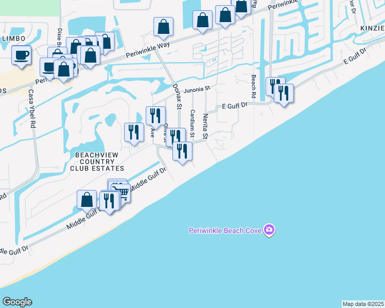 map of restaurants, bars, coffee shops, grocery stores, and more near 610 Donax Street in Sanibel