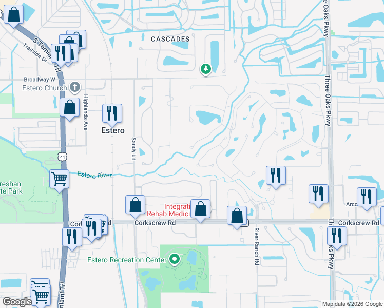 map of restaurants, bars, coffee shops, grocery stores, and more near 20894 Blacksmith Forge in Estero