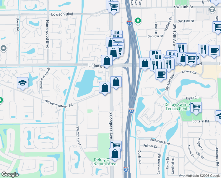 map of restaurants, bars, coffee shops, grocery stores, and more near 1698 South Congress Avenue in Delray Beach