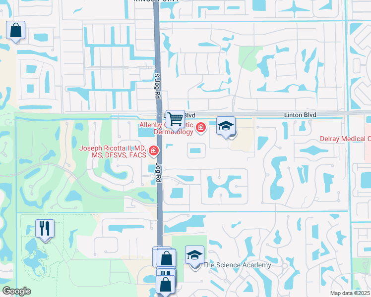 map of restaurants, bars, coffee shops, grocery stores, and more near 16150 Jog Road in Delray Beach