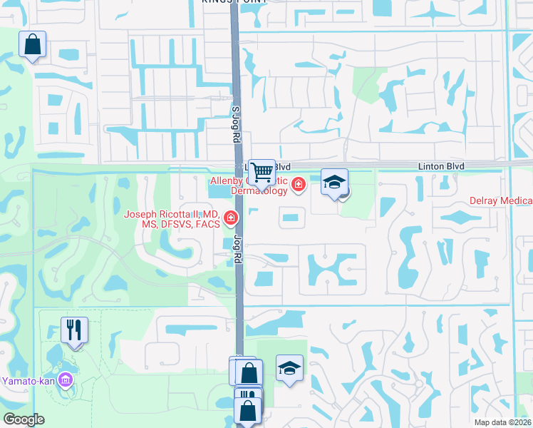 map of restaurants, bars, coffee shops, grocery stores, and more near 16150 Jog Road in Delray Beach