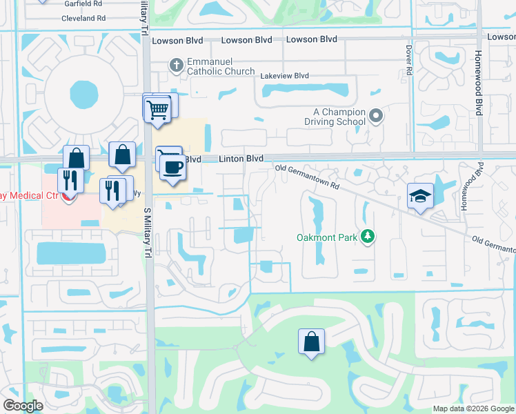 map of restaurants, bars, coffee shops, grocery stores, and more near 3426 Old Germantown Road in Delray Beach