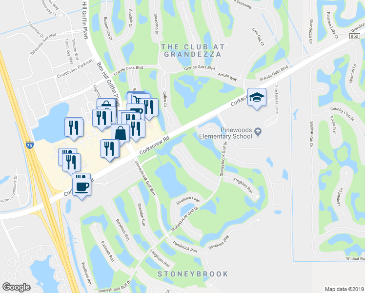 map of restaurants, bars, coffee shops, grocery stores, and more near 21299 Lancaster Run in Estero