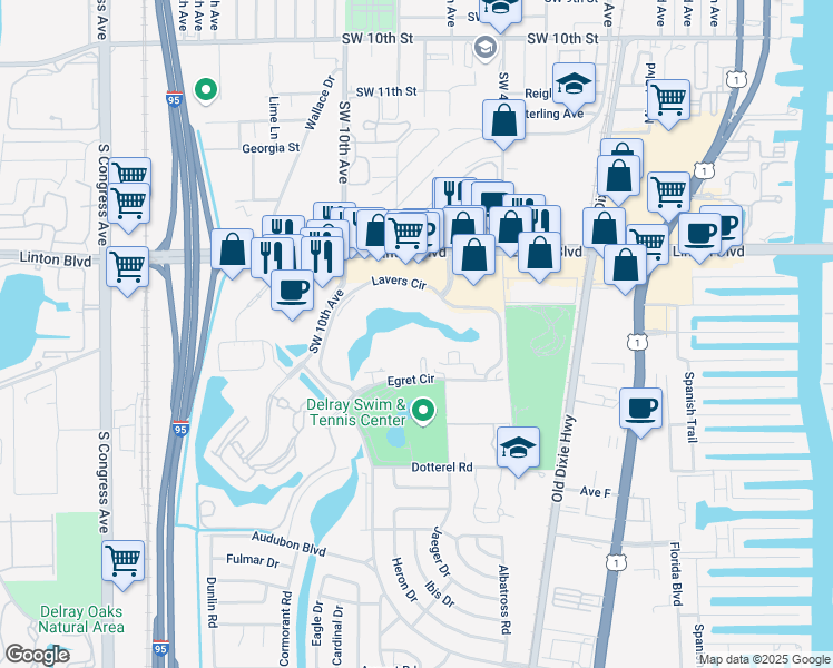 map of restaurants, bars, coffee shops, grocery stores, and more near 651 Egret Circle in Delray Beach