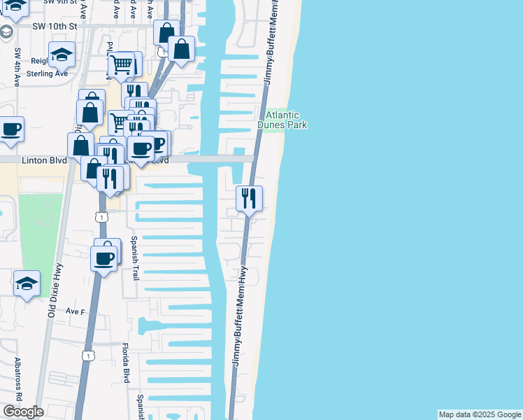 map of restaurants, bars, coffee shops, grocery stores, and more near 1875 South Ocean Boulevard in Delray Beach
