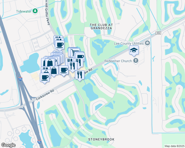 map of restaurants, bars, coffee shops, grocery stores, and more near 21299 Lancaster Run in Estero